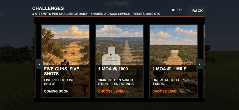 The in-game challenge selection, including 1 MOA at 1,000 yards and one mile.