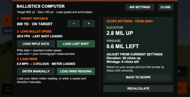 Practice ballistics computer: 600 yards, 2812 fps measured velocity, and an 8.9 mph wind reading; solution 2.8 MIL up and 0.6 MIL left.