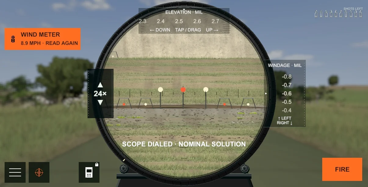 The Barrett M82A1 scope aimed at steel in 600-yard Practice, with the reticle and live turret controls visible.