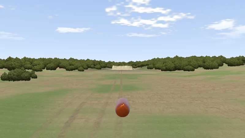 The bullet-follow camera tracking a round in flight toward the steel targets.