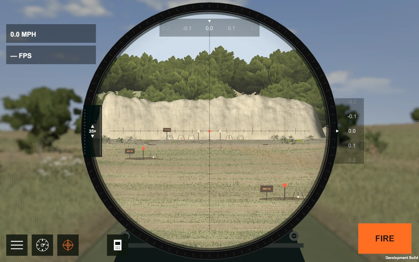 Plinking Range scope view at the 1,000-yard range setting, with 35× zoom and steel targets across the pasture.
