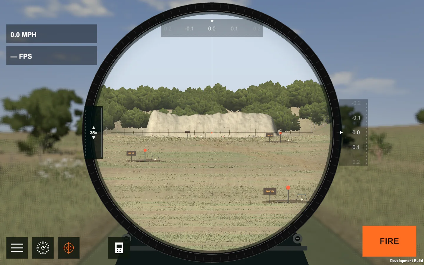 Plinking Range scope view at the one-mile range setting, with 35× zoom and the distant backstop beyond the nearer steel targets.