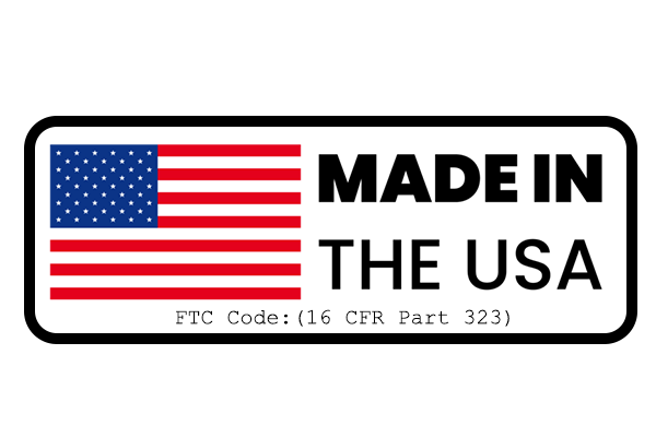 American flag sticker reading Made in the USA, FTC Code: 16 CFR Part 323.