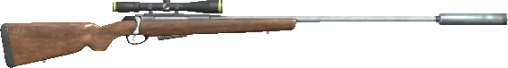 The in-game Tikka T3x Varmint with wooden stock, scope and suppressor.